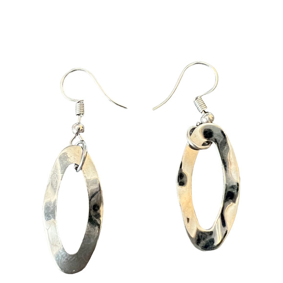 Open Oval Silver Tone Dangle Fashion Earrings 1" inch approx. - Picture 3 of 4